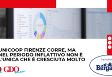 Unicoop Firenze corre, ma nel periodo inflattivo non è l’unica che è cresciuta molto Banner image for an article: a blurred chart/photo at top, bold Italian headline about UniCoop Firenze and rising inflation; logos for GDO data/news and Bergader sponsor.