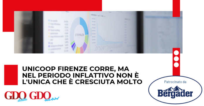 Unicoop Firenze resta davanti anche a parità di format (1) Banner image for an article: a blurred chart/photo at top, bold Italian headline about UniCoop Firenze and rising inflation; logos for GDO data/news and Bergader sponsor.