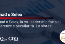 Conad o Selex, la co-leadership fatta di differenze e peculiaritĂ . La sintesi Banner for an article about Conad o Selex co-leadership, with charts and a magnifying glass in the background and sponsor logos displayed.