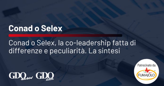 conad-selex-sintesi Banner for an article about Conad o Selex co-leadership, with charts and a magnifying glass in the background and sponsor logos displayed.