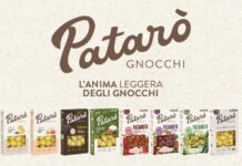 Patarò interpreta i nuovi trend del mercato degli gnocchi: semplicità, benessere e valore aggiunto Patarò Gnocchi logo with a row of colorful gnocchi packages beneath it on a beige textured background.