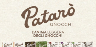 Patarò interpreta i nuovi trend del mercato degli gnocchi: semplicità, benessere e valore aggiunto Patarò Gnocchi logo with a row of colorful gnocchi packages beneath it on a beige textured background.