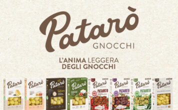 Patarò interpreta i nuovi trend del mercato degli gnocchi: semplicità, benessere e valore aggiunto Patarò Gnocchi logo with a row of colorful gnocchi packages beneath it on a beige textured background.