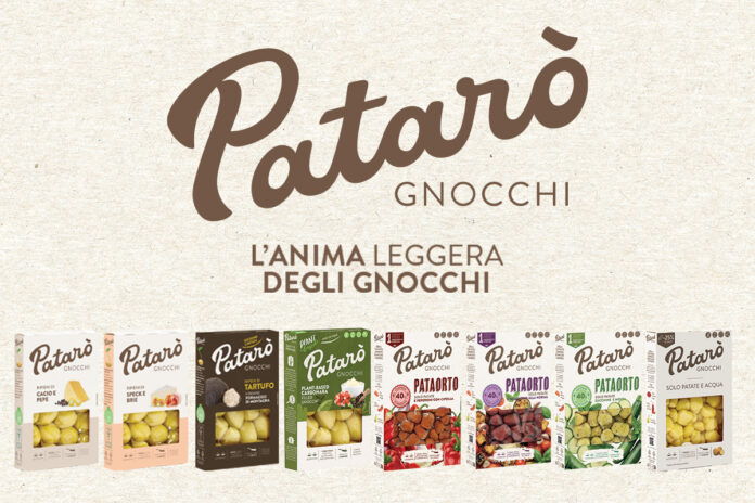 pastaio Patarò Gnocchi logo with a row of colorful gnocchi packages beneath it on a beige textured background.