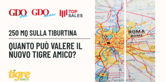 Header image for a news article: logos on the left, bold Italian headlines about 250 mq sulla Tiburtina and the value of the new Tigre Amico, with a map of Rome on the right.