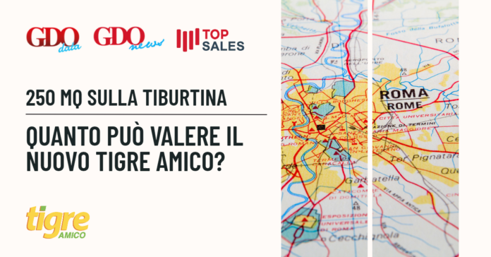 Header image for a news article: logos on the left, bold Italian headlines about 250 mq sulla Tiburtina and the value of the new Tigre Amico, with a map of Rome on the right.