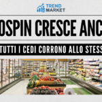 News banner announcing Eurospin grows again, with brand logos and a supermarket produce aisle photo