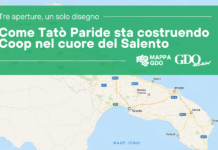 Green promotional banner over a map of southern Apulia announcing 'Come Tut Paride sta costruendo Coop nel cuore del Salento' with Mappa GDO and GDO News logos in the corner, indicating a local project promotion.