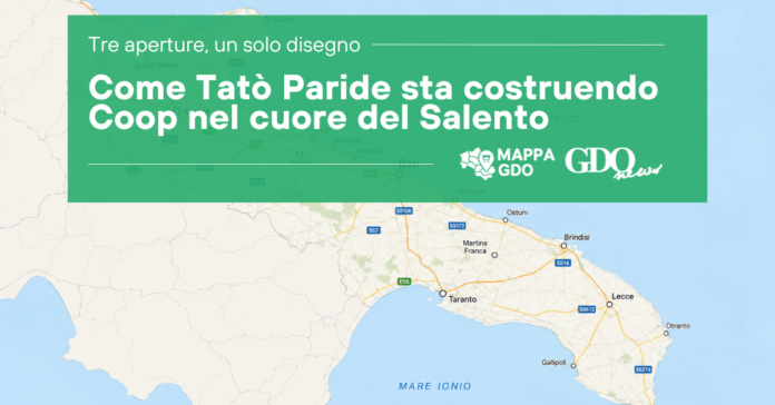 Green promotional banner over a map of southern Apulia announcing 'Come Tut Paride sta costruendo Coop nel cuore del Salento' with Mappa GDO and GDO News logos in the corner, indicating a local project promotion.