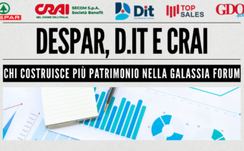 Header banner with Despar, CRAI, D.IT logos, bold title 'DESPAR, D.IT E CRAI', subtitle about 'Galassia Forum', and a financial charts graphic.