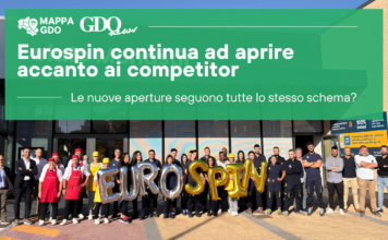 Group of workers outside a building with a large green banner about Eurospin openings and gold EUROSPIN balloons in front.