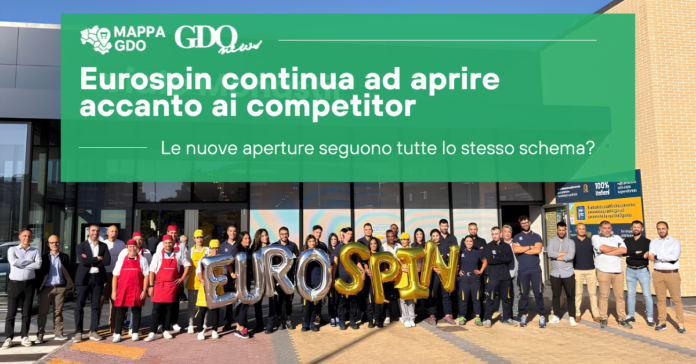 Group of workers outside a building with a large green banner about Eurospin openings and gold EUROSPIN balloons in front.