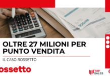 Oltre 27 milioni per punto vendita: il caso Rossetto Banner graphic with a calculator and invoices, displaying the headline 'Oltre 27 milioni per punto vendita' and subtitle 'Il caso Rossetto', plus Rossetto and partner logos.