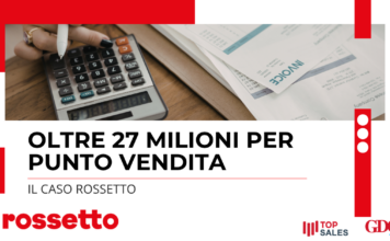 Banner graphic with a calculator and invoices, displaying the headline 'Oltre 27 milioni per punto vendita' and subtitle 'Il caso Rossetto', plus Rossetto and partner logos.