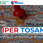 Map of Milan area with a red pushpin marking a location, overlaid with headline 'ORA IPER TOSANO' and logos at the top edge.