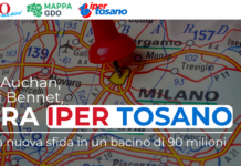 Ex Auchan, poi Bennet, ora Iper Tosano: una nuova sfida in un bacino di 90 milioni Map of Milan area with a red pushpin marking a location, overlaid with headline 'ORA IPER TOSANO' and logos at the top edge.