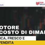 Hero banner with Dimar logo and partner logos, dark stock-chart background, and large Italian headline: 'IL MOTORE NASCOSTO DI DIMAR?' with white and yellow subheads reading 'LOGISTICA, FRESCO E PUNTI VENDITA'