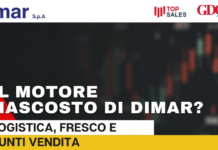 Il motore nascosto di Dimar? Logistica, fresco e punti vendita Hero banner with Dimar logo and partner logos, dark stock-chart background, and large Italian headline: 'IL MOTORE NASCOSTO DI DIMAR?' with white and yellow subheads reading 'LOGISTICA, FRESCO E PUNTI VENDITA'