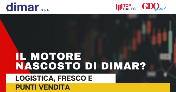 Hero banner with Dimar logo and partner logos, dark stock-chart background, and large Italian headline: 'IL MOTORE NASCOSTO DI DIMAR?' with white and yellow subheads reading 'LOGISTICA, FRESCO E PUNTI VENDITA'