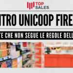 Banner announcing Unicoop Firenze with bold headline and subheading about not following GDO rules; shows a blurred supermarket aisle photo and logos top left/right and center-left.