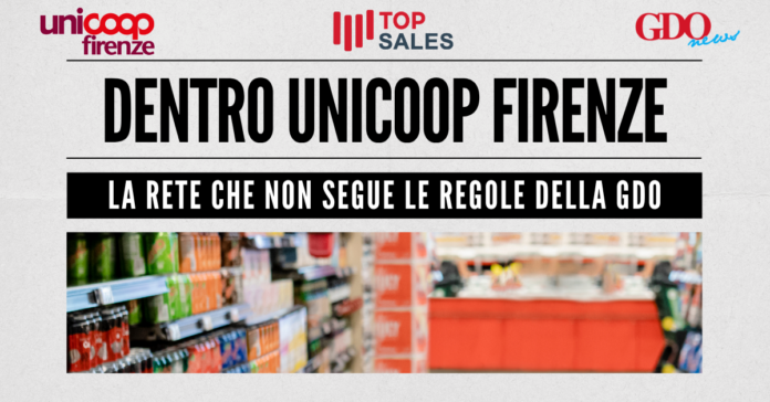 Banner announcing Unicoop Firenze with bold headline and subheading about not following GDO rules; shows a blurred supermarket aisle photo and logos top left/right and center-left.