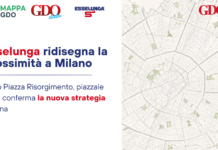 Hero banner with logos (MAPPA GDO, GDO data, Esselunga) and Italian headline about Esselunga redefining proximity in Milan, map on the right.