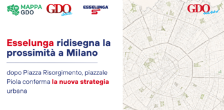 Hero banner with logos (MAPPA GDO, GDO data, Esselunga) and Italian headline about Esselunga redefining proximity in Milan, map on the right.
