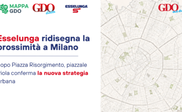 Hero banner with logos (MAPPA GDO, GDO data, Esselunga) and Italian headline about Esselunga redefining proximity in Milan, map on the right.