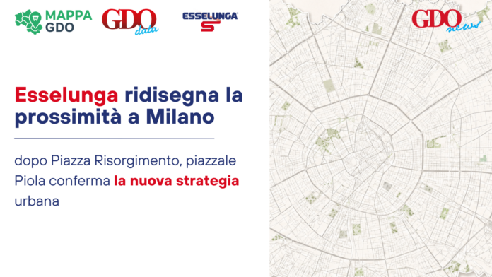 Hero banner with logos (MAPPA GDO, GDO data, Esselunga) and Italian headline about Esselunga redefining proximity in Milan, map on the right.