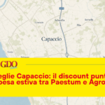 MD sceglie Capaccio: il discount punta sulla spesa estiva tra Paestum e Agropoli Map of the Capaccio area with a large yellow promotional banner advertising MD's summer discount between Paestum and Agropoli.
