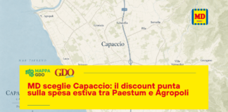 Map of the Capaccio area with a large yellow promotional banner advertising MD's summer discount between Paestum and Agropoli.