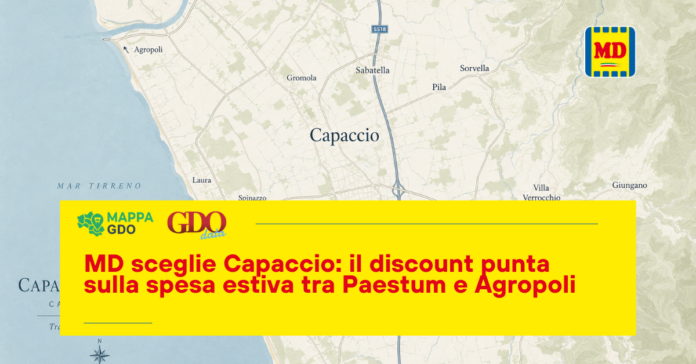 1200x628_MD-mappa-gdo Map of the Capaccio area with a large yellow promotional banner advertising MD's summer discount between Paestum and Agropoli.
