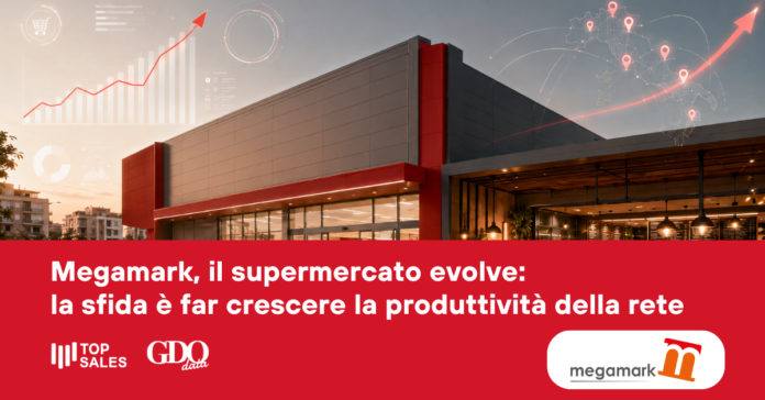 Megamark promotional hero: red banner with headline about evolving supermarkets and network productivity, plus logos Top Sales, GDO Data and Megamark.