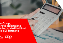 Nova Coop, una rete bilanciata dove la produttività si gioca sul formato 'Nova Coop, una rete bilanciata dove la produttività si gioca sul formato' scritto in bianco su sfondo rosso, con grafica a triangolo e loghi Top Sales e GDO Data.