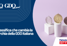 La classifica che cambia la gerarchia della GDO italiana Header banner for an article about the Italian GDO ranking change, with podium medals on the right and sponsor Arneg at the bottom right.