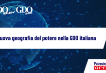 La nuova geografia del potere nella GDO italiana Banner featuring the title 'La nuova geografia del potere nella GDO italiana' on a blue tech background with sponsor 'Patrocinato da: arneg' logo.