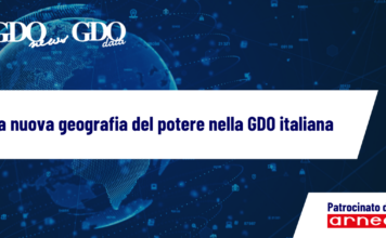 Banner featuring the title 'La nuova geografia del potere nella GDO italiana' on a blue tech background with sponsor 'Patrocinato da: arneg' logo.