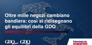 Oltre mille negozi cambiano bandiera: così si ridisegnano gli equilibri della GDO Italy map with glowing network lines and a bold Italian headline about changes in GDO balances; ARNEG sponsorship bar at bottom right.