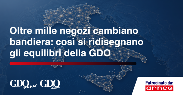 1200x628_Oltre mille negozi cambiano bandiera così si ridisegnano gli equilibri della GDO Italy map with glowing network lines and a bold Italian headline about changes in GDO balances; ARNEG sponsorship bar at bottom right.